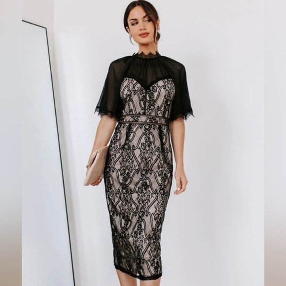 VICI COLLECTION | XL BRING ON THE NIGHT LACE CHIFFON SLEEVE MIDI DRESS IN BLACK - Picture 1 of 11